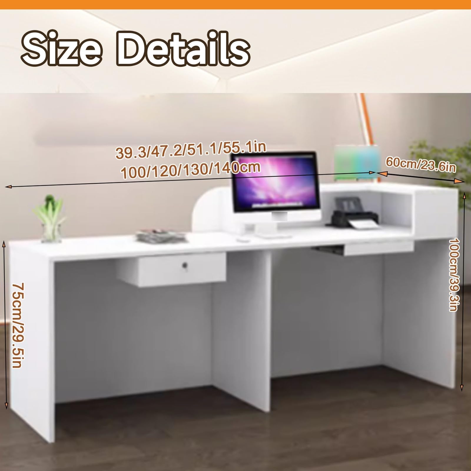 Moderno ufficio reception scrivania con luci LED, ampio spazio di archiviazione, finitura crema, 130 cm, ideale per aziende, hotel e spazi di lavoro