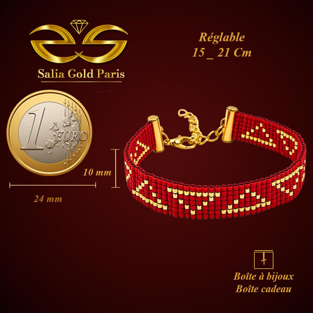 Miyuki Bracciale in perle tessute rosse e dorate – motivo geometrico Chevron, stile artigianale elegante, chiusura regolabile, gioiello unisex Salia Gold Paris