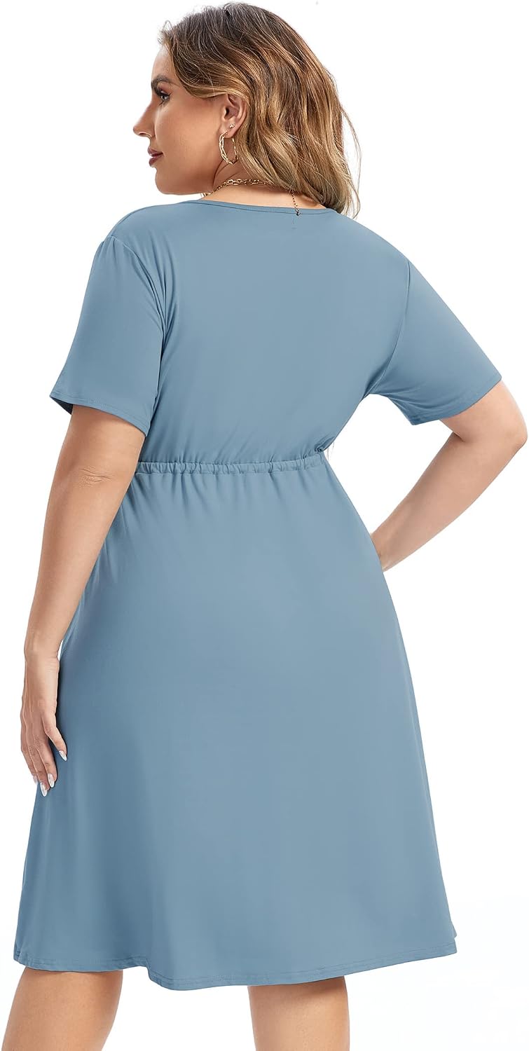 Plus Size Dress Women's V Neck A-Line Knee Length Wrap Mini Dress with Belt Plus Size Dresses for Curvy Womenblue-cs X-Large