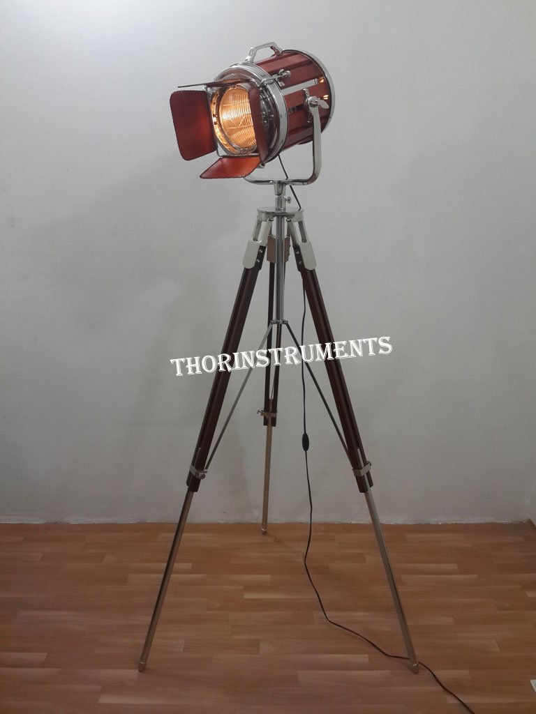 THOR INSTRUMENTS Vintage Movie Huge Chrome Spot Light Red Leather with Brown Screw Wooden Tripod Stand Rustic Vintage Home Decor Gifts