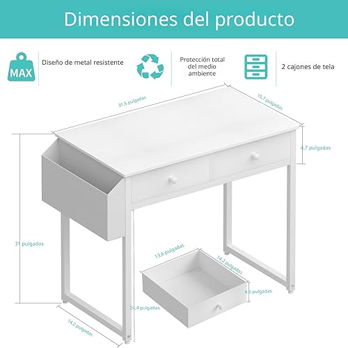 Miniatura 3 de Lufeiya Escritorio pequeño blanco con cajones, para dormitorio, escritorio de computadora de oficina en casa de 32 pulgadas con cajón de