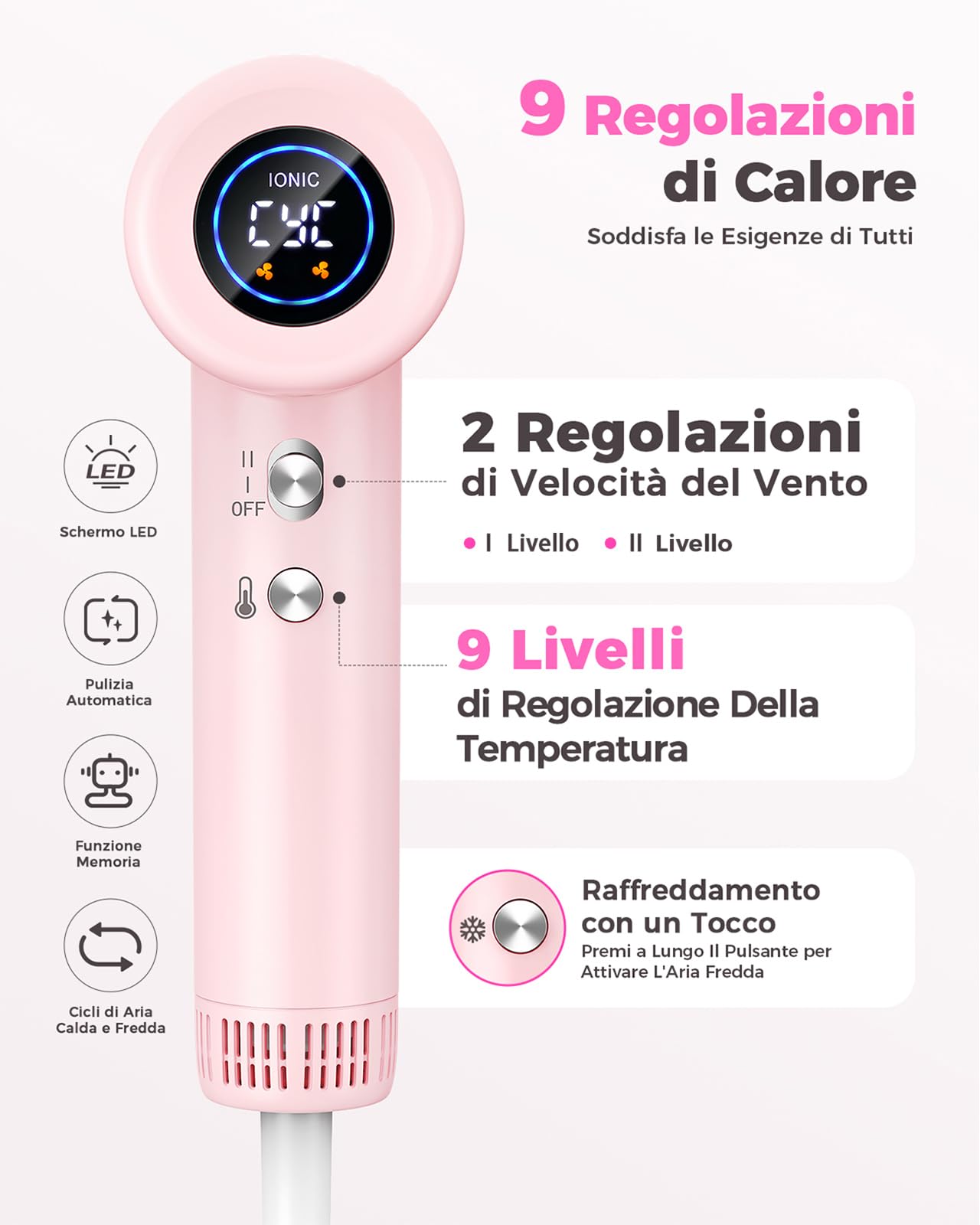 Haokoo Phon Capelli Alta Velocità 160.000 RPM - Asciugatura Rapida con Ioni Anticrespo, Asciugacapelli Professionale 9 Temperature con Display, 365g Leggero con Diffusore Magnetico, Casa e Viaggio