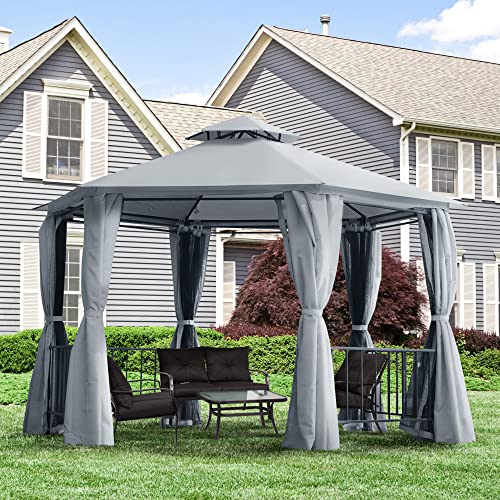 Outsunny 13' X 13' Patio Gazebo, Double Roof Hexagon Outdoor Gazebo Canopy Shelterwith Netting & Curtains, Solid Steel Frame For Garden, Lawn, Backyard And Deck, Grey #TOP1