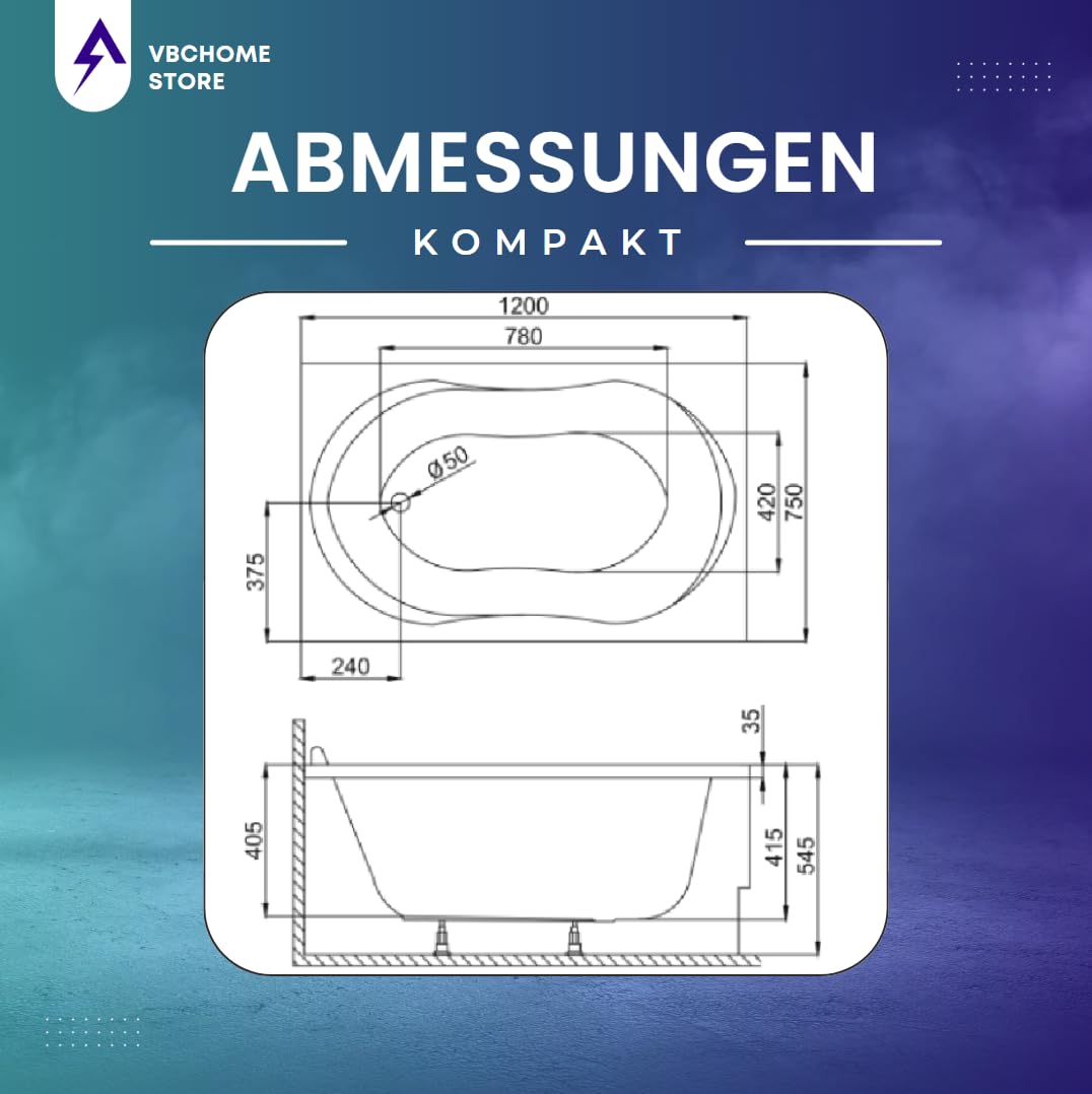 VBChome Badewanne 120x75 cm Weiß Acryl Wannenträger Styroporträger Siphon Rechteckig Wanne Abfluss Design Modern Ablaufgarnitur in Chrom Badewanne mit Wannenträger