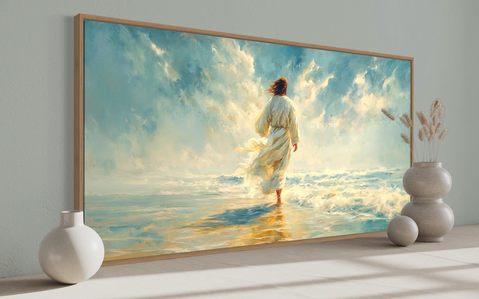 LMYCHENG Walking on water decorative painting – Christian wall art, religijne plakaty z motywami oceanicznymi, inspirujący obraz do dekoracji wnętrz (20 x 40 cm / rama wewnętrzna)