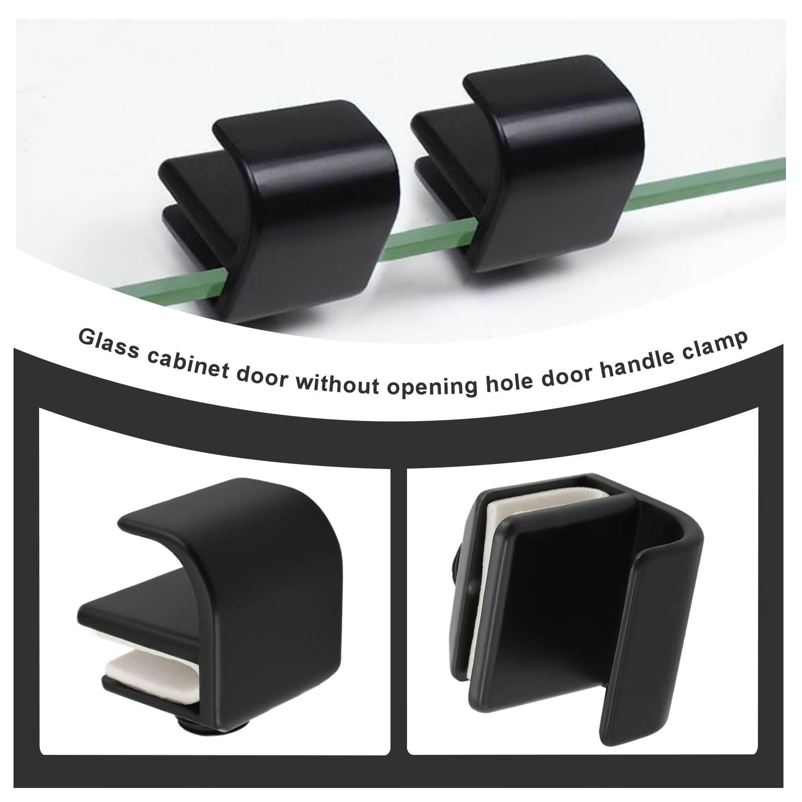 LT Easiyl 4pcs Glass Door Handle Zinc Alloy Non Drilling Glass Display Cabinet Clamp Handle for 3-5mm Thickness Showcase Glass Cabinets Kitchen Bathroom Cabinets Handle Black - Image 2