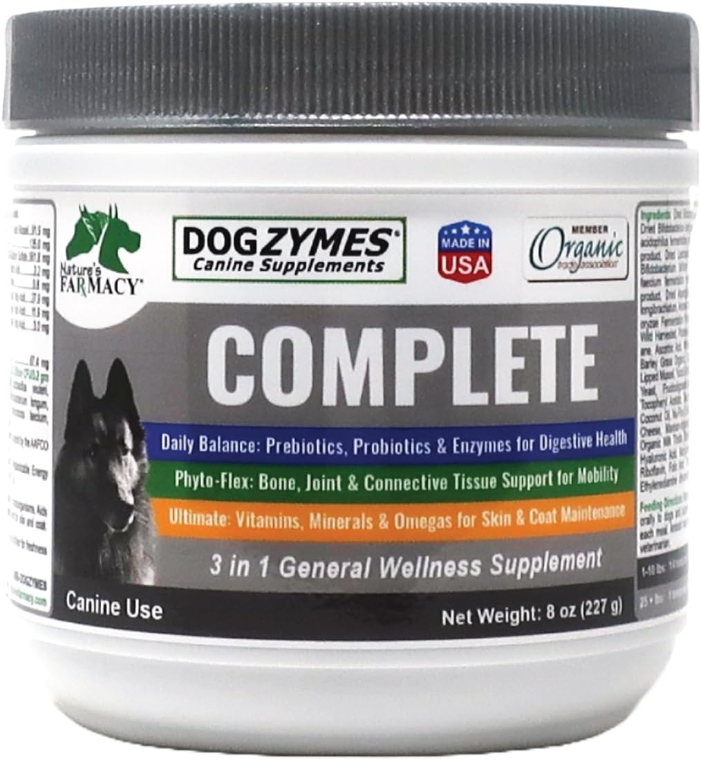 Complete - Probiotics, prebiotics, Glucosamine, Chondroitin, MSM and Hyaluronic Acid, Complete Skin and Coat Care (8 Ounce)
