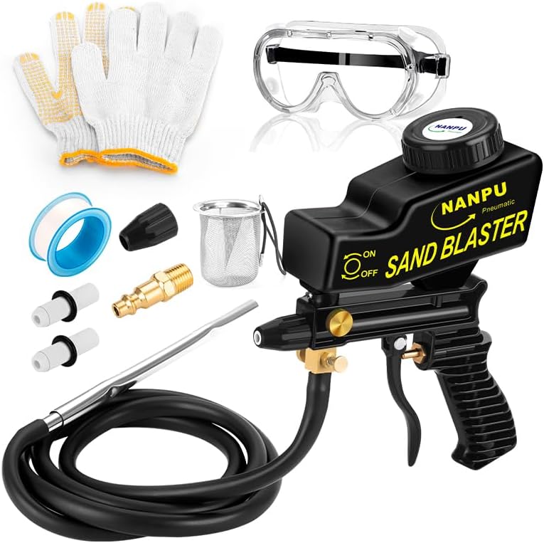 NANPU Air Sand Blaster Gun with Siphon & Gravity Feed for Air Compressor, Ceramic Nozzle, Metal Body, Paint/Rust Remover for Metal, Wood & Glass Etching, for Aluminum/Sand/Walnut Shells/Soda Blasting