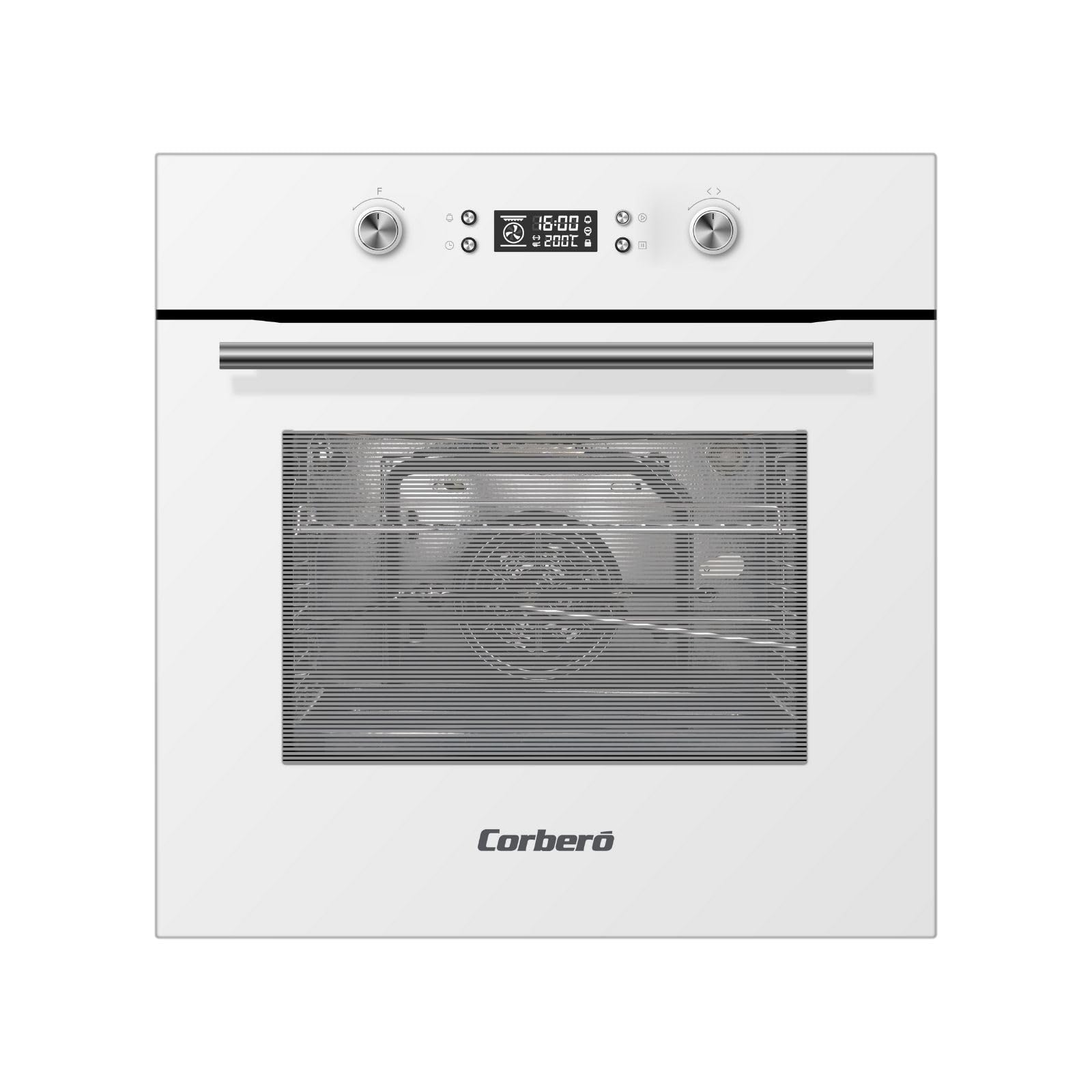 Corberó- Horno Pirolítico Multifunción 70L | CCHMP1033W |59.5cm(L)x59.5cm(A)x57.5cm(H) | 3200W | Display Digital | Mandos Escamoteables | Puerta Doble Cristal| Guías Extraíbles | 8 Programas, Blanco