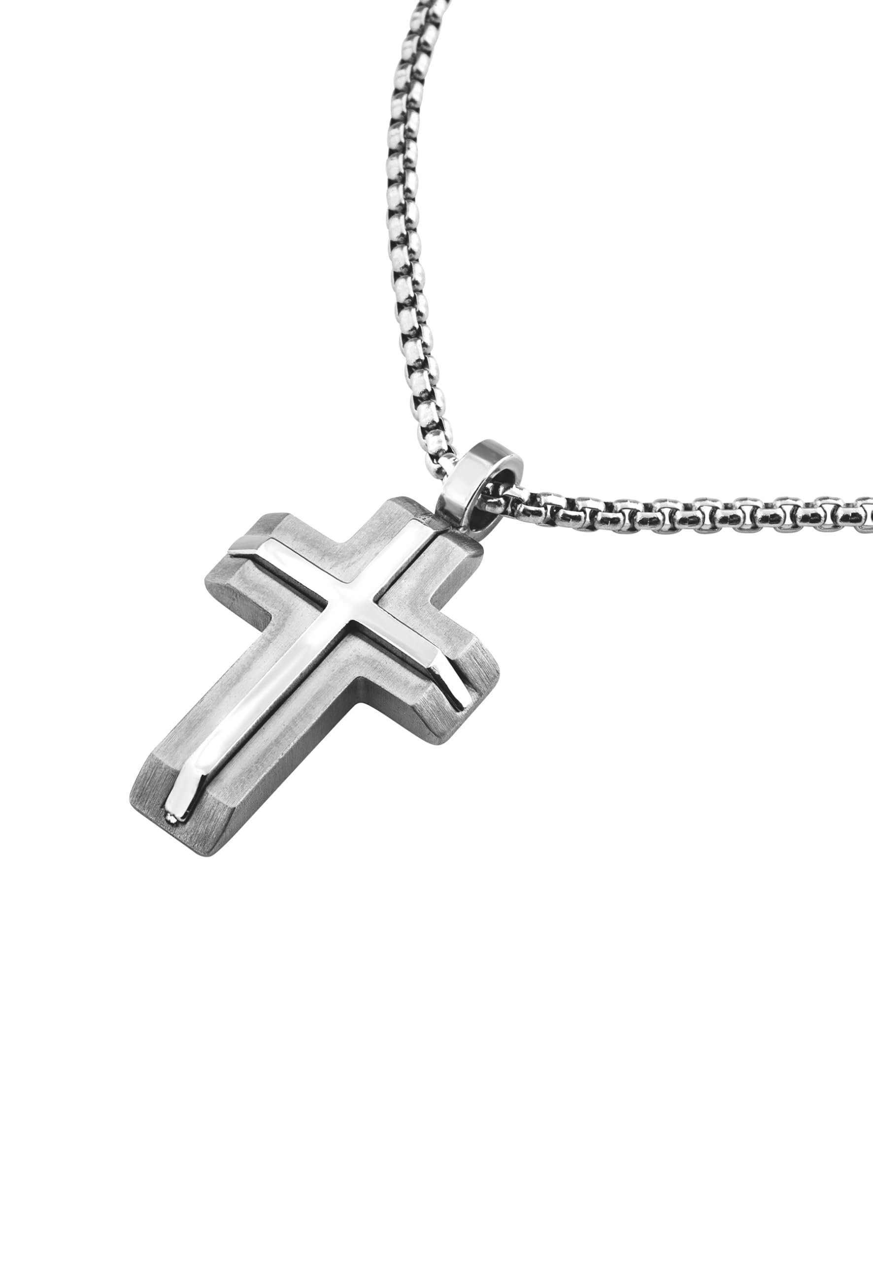 Breil, Collezione Steel Core, Collana da Uomo in Acciaio con Pendente a Croce, Finitura Bilux, Lunghezza Regolabile Fino a 47 cm