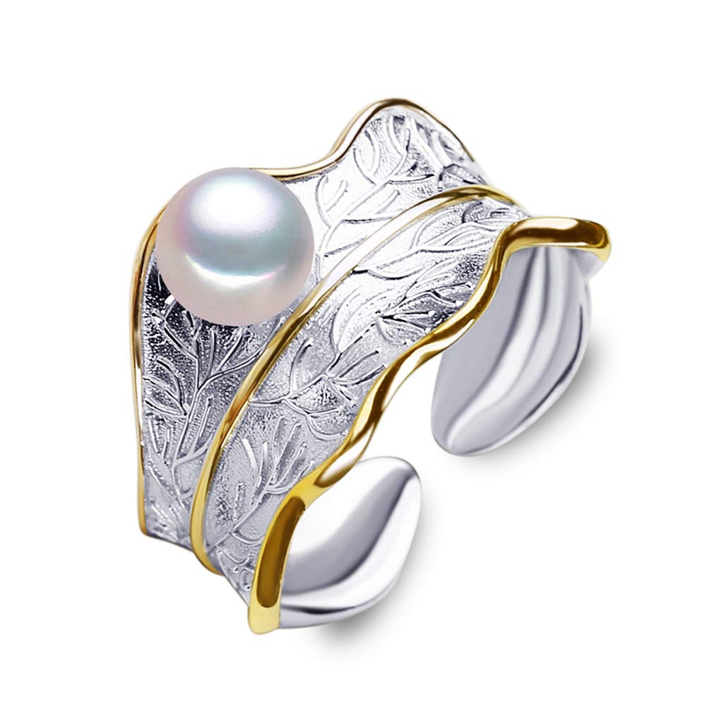 LSOOYHLeaf Freshwater Pearls Bicolor Women Fashionl Adjustable Rings Princess Unique Geometry Rings (White Pearl, Adjustable)