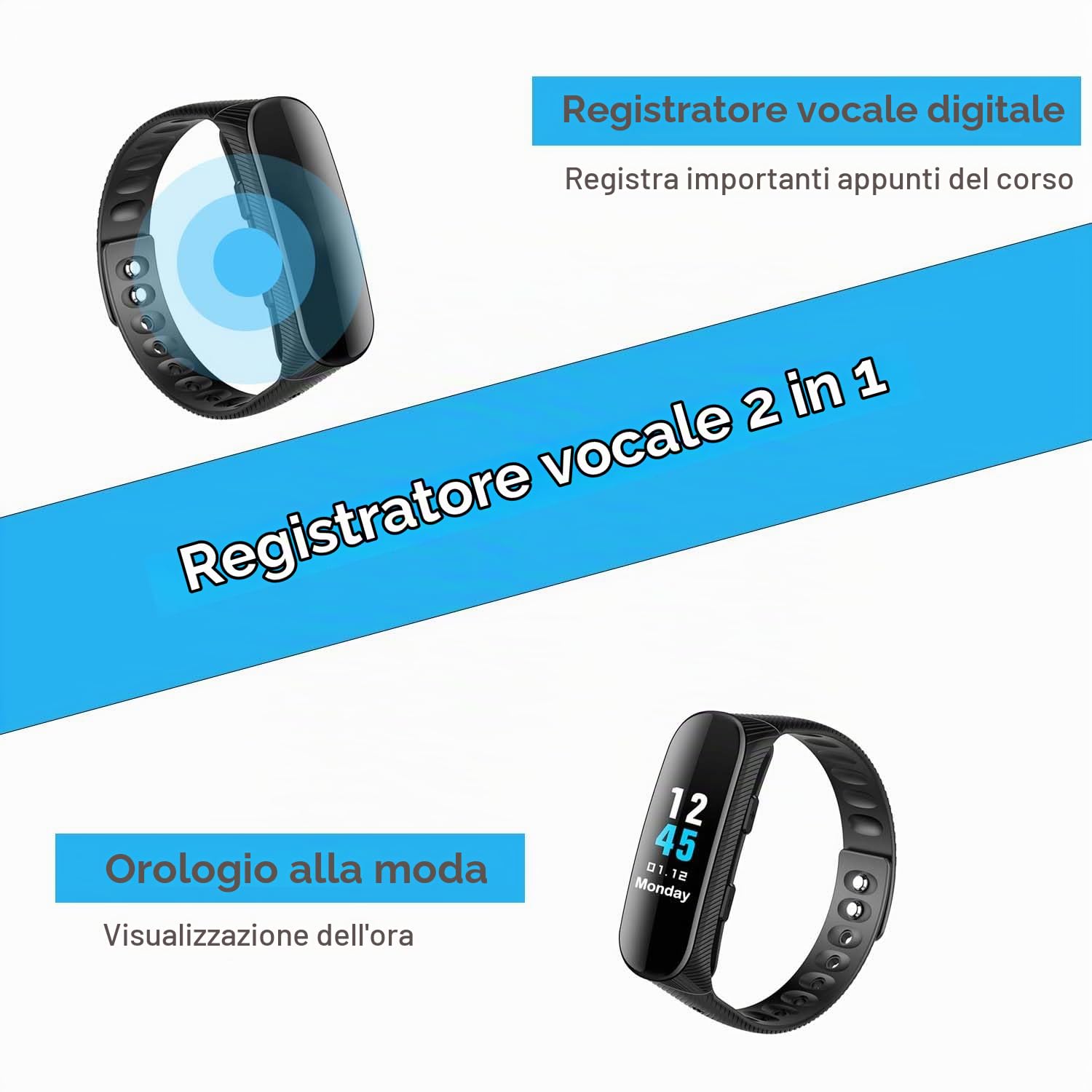 Registratore Vocale Bracciale 16GB Registratore Vocale Professionale con Attivazione Vocale e Lettore MP3 Orologio con Registratore Vocale Ricaricabile USB per Riunioni Interviste Lezioni