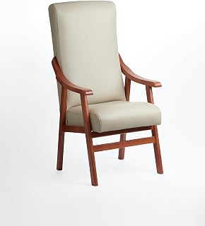 Silla con Brazos en Madera de Cerezo. Tapizado en Polipiel, Ignífuga, Antiorina y Repelente al Agua. Especial para Personas Mayores o Uso Geriátrico (115x 71x57 cm) [Polipiel Beige]