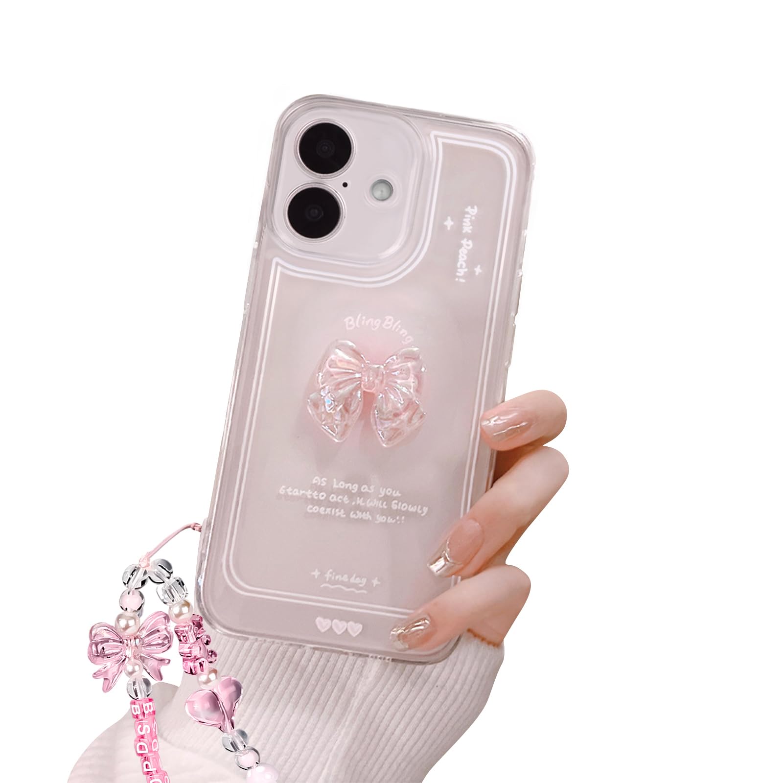 Compatible with iPhone 17 Case Cute Pink Arc Aesthetic Design Phone Case Cute Women Girls Camera Lens Protective Mobile Phone Cover +Glitter Crystal Chain
