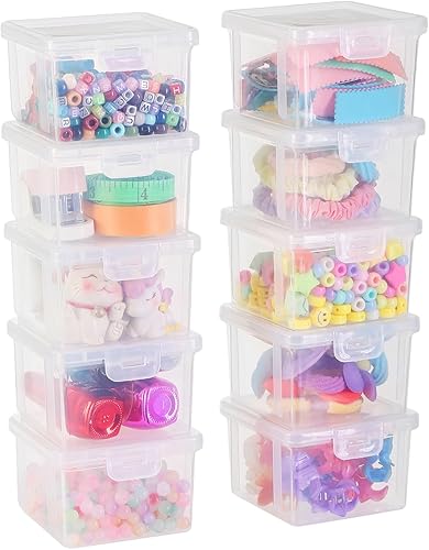 Paquete de 10 recipientes pequeños de plástico con tapas, contenedores de almacenamiento apilables transparentes para cuentas, suministros de arte,