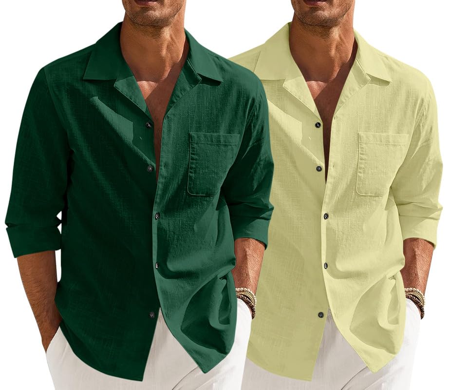 Image of Combo of Men's Casual Cotton Blend Shirt || Long Sleeve Button Down with Spread Collar | Lightweight Breathable Fabric | Stylish Solid Shirt for Beach, Office & Everyday Wear Pack of 2