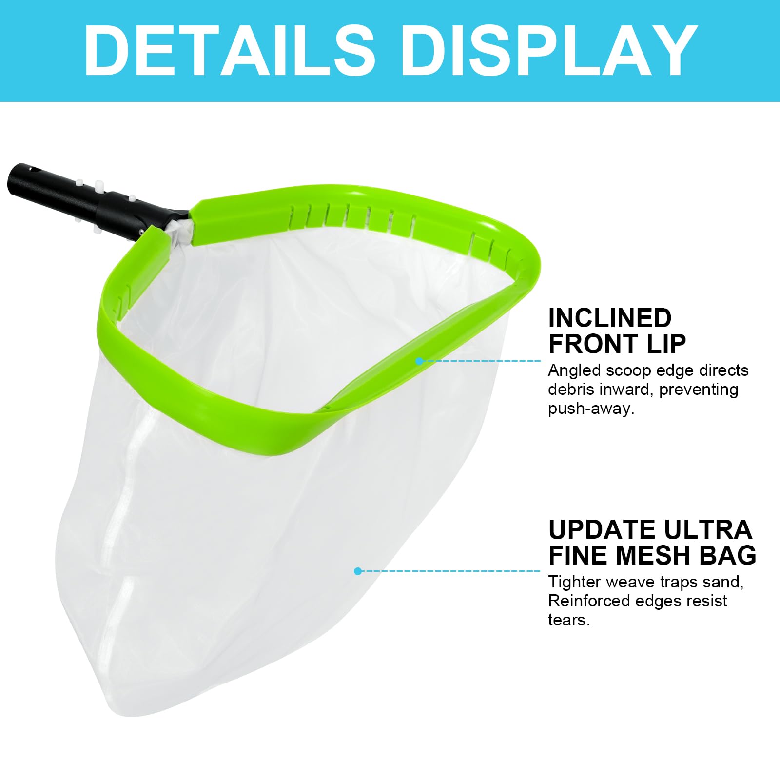 Rete da piscina, rete professionale ultra fine per la pulizia di limo, sabbia, detriti di polline, con borsa profonda in nylon super extra fine, telaio in alluminio resistente e rastrello con manico