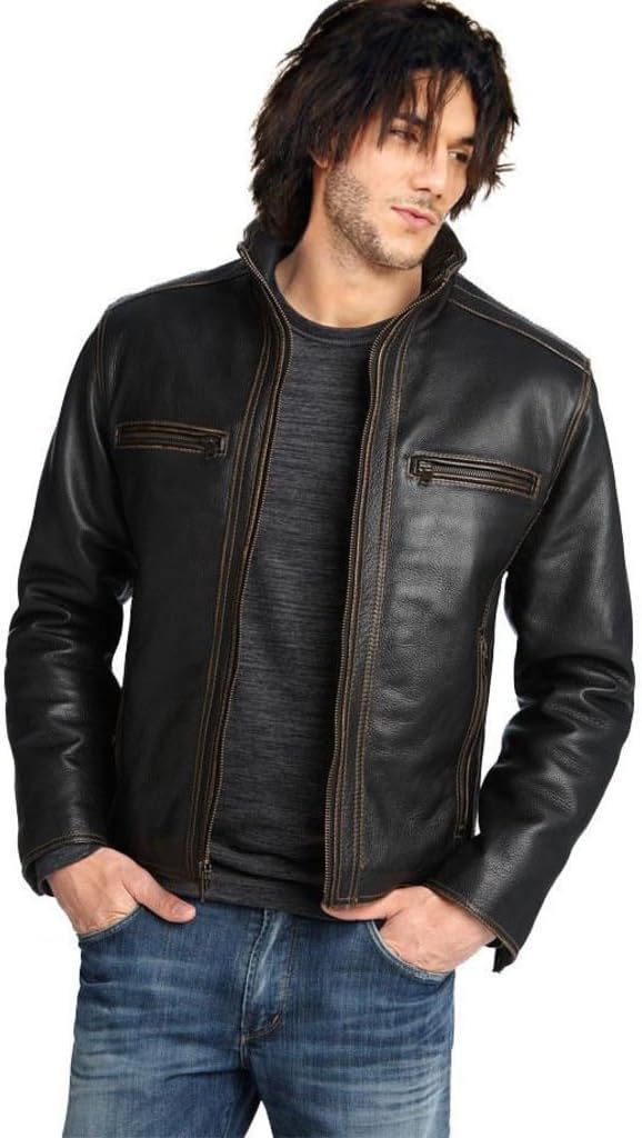 Men's Pure Slim Fit Outerwear Leather Jacket (Size : XS to 2XL, Color : Black)