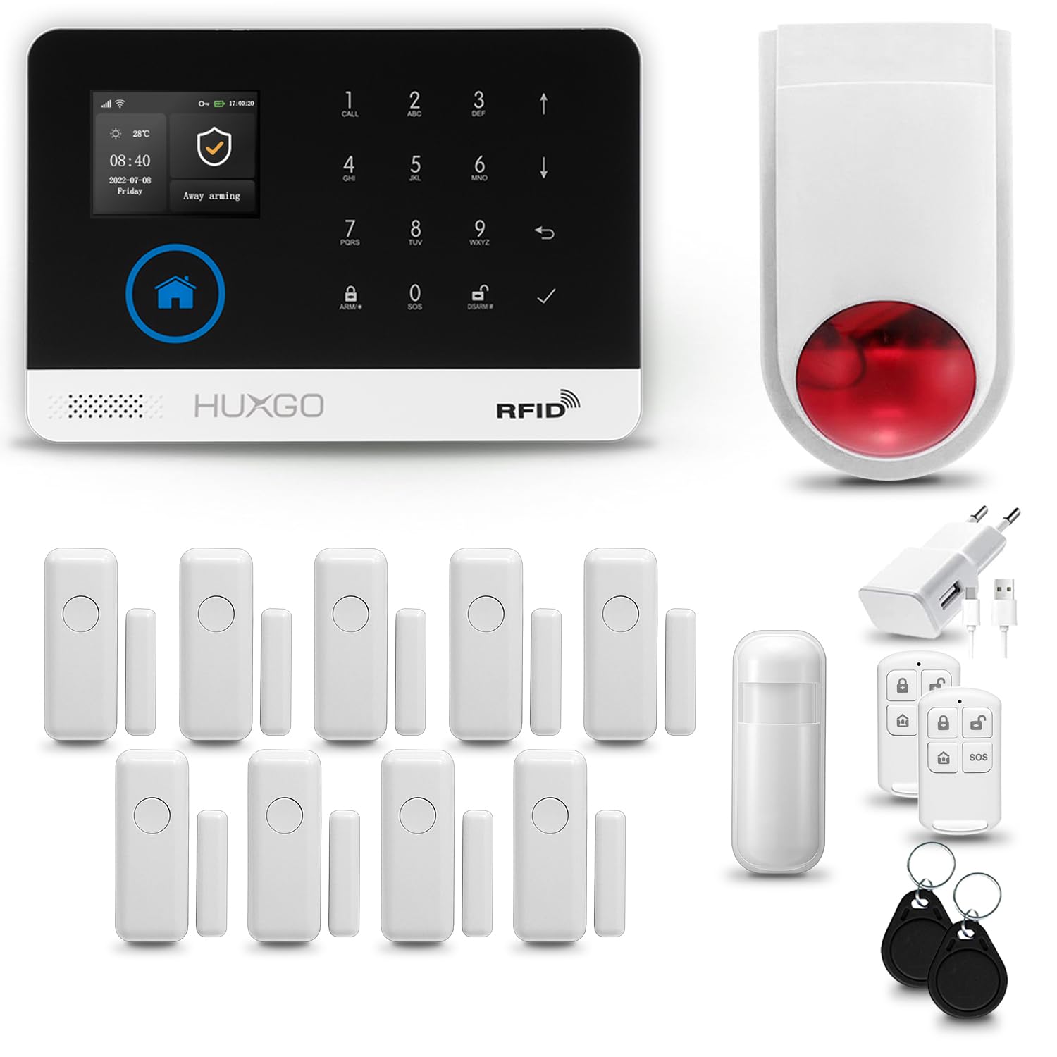 HXA003 Funk Alarmanlage Set WiFi + GSM mit Alarmsirene | Alarm System mit Bewegungsmelder, 9X Fensteralarm/Türsensoren | Alarmanlage fürs Haus, Wohnung, Wohnmobil | Smart Home