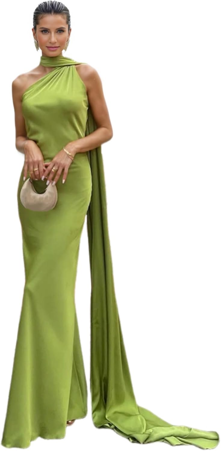 Women Satin One Shoulder Maxi Dress with Long Scarf Y2k Backless Long Prom Formal Evening Dresses