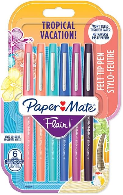 Paper Mate Flair Felt Tip Pens | Medium Tip (0.7 mm) | Tropical Vacation Colours | 6 Count