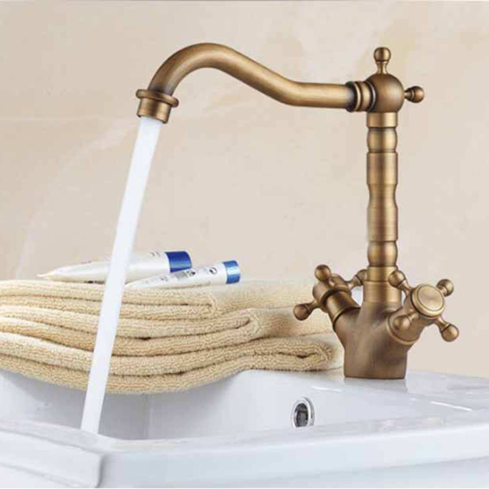 Rubinetto da Bagno Vintage Antico, Rubinetto per lavabo con beccuccio Girevole a 360 Gradi, Miscelatore Acqua Calda e Fredda, Rubinetto per lavabo con Maniglia a Croce, Ottone, Oro