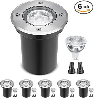 Gardencoin Low Voltage Landscape LED Well Lights, 12V in Ground Lights Outdoor IP67 Waterproof, 4.3 inch Wired Landscape Up Lighting, Included Replaceable 5W 2700K MR16 Bulb Dimmable, 6 Pack