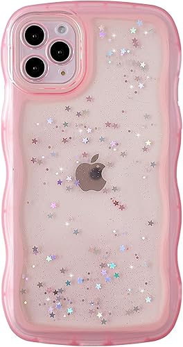Qokey Funda para iPhone 11 Pro Max de 6.5 pulgadas, diseño de onda rizada, borde transparente, brillante, brillante, lindo, transparente, protección