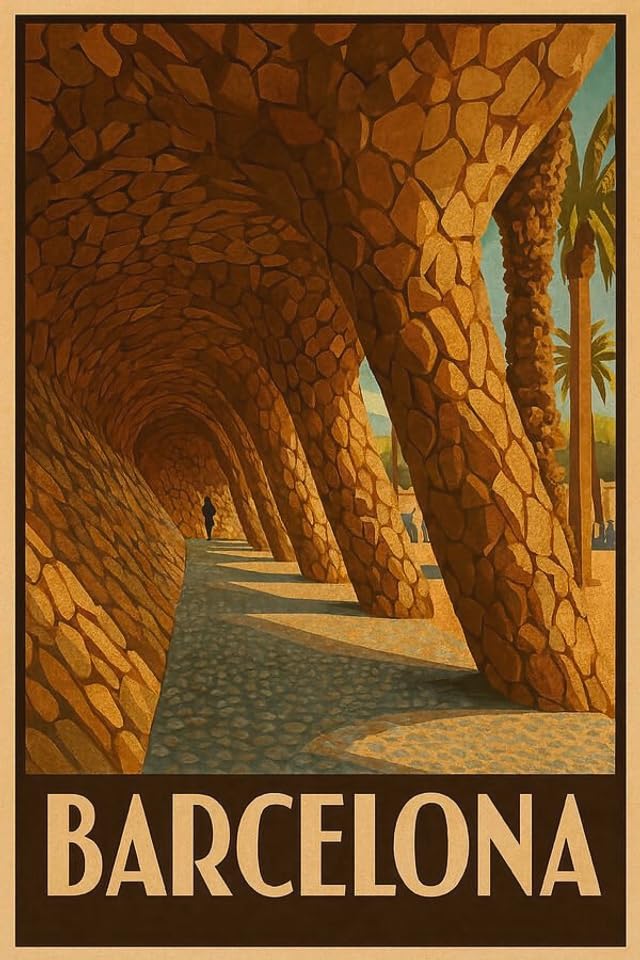 Póster vintage de viaje: lámina decorativa del Parque Güell de Barcelona con estilo retro único