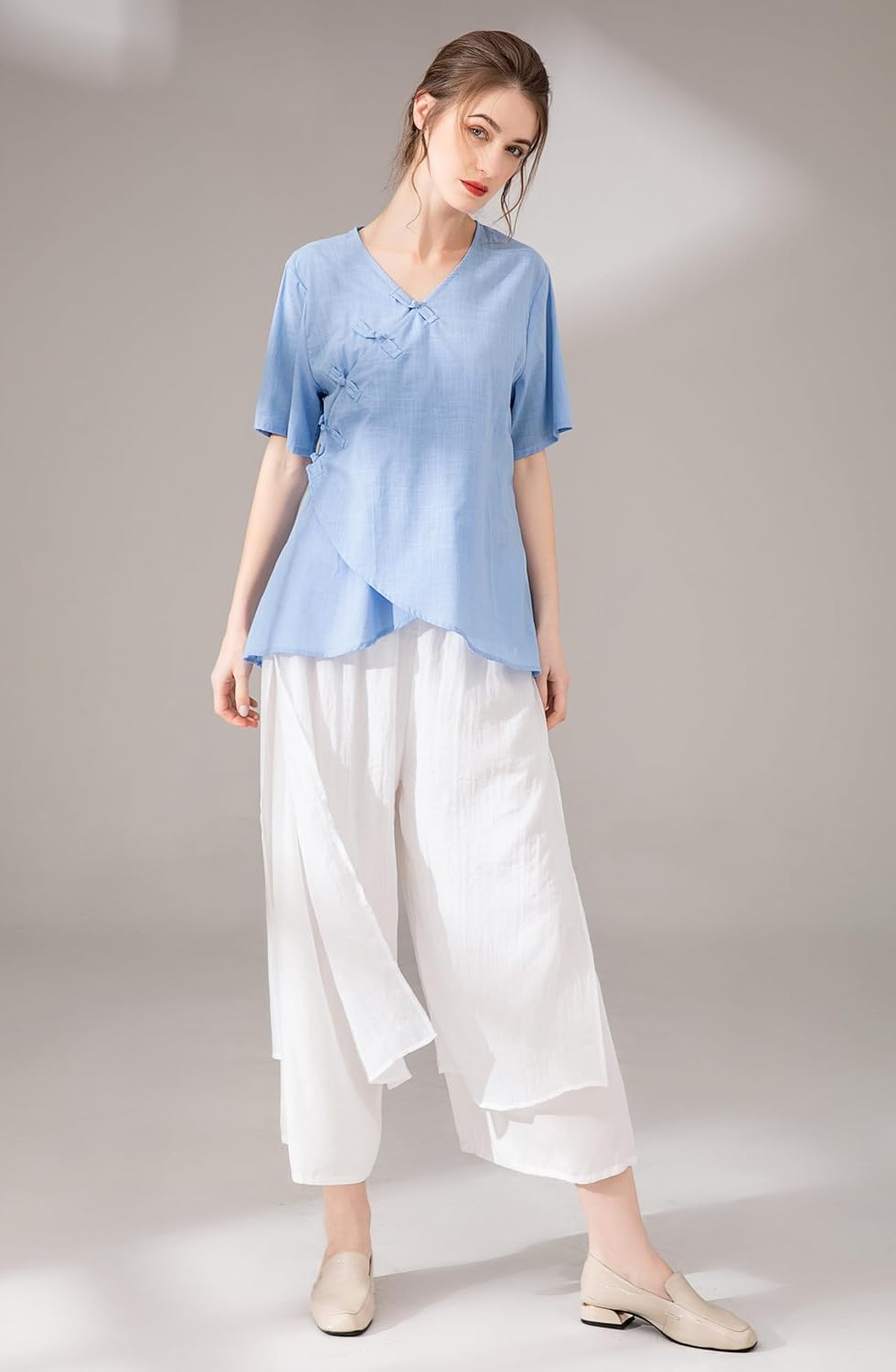Minibee Women's Wide Leg Pants Loose Layer Capris Palazzo Elastic Waist Trousers