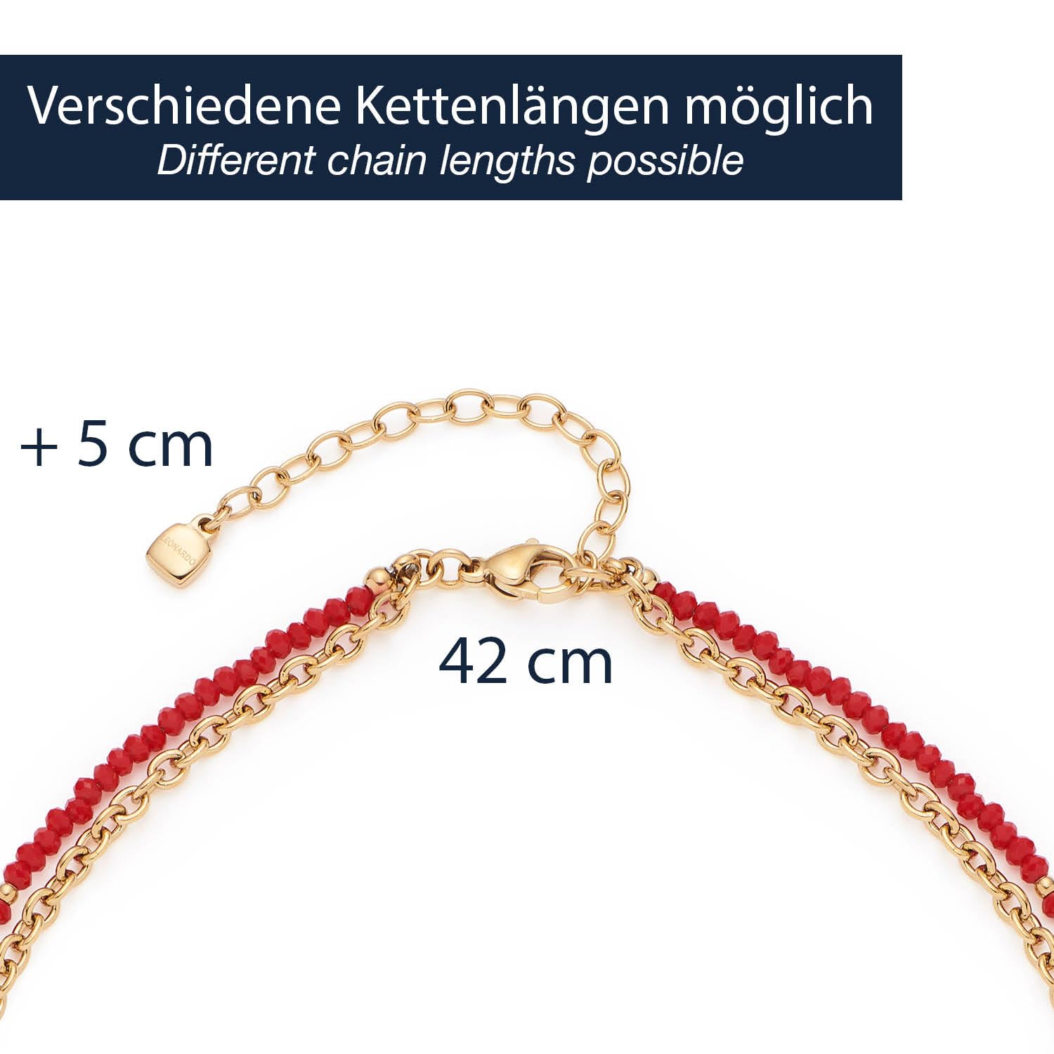 JEWELS BY LEONARDO Halskette Florena • doppelreihige Kette aus goldfarbenem Edelstahl • aufgereihte rote Glassteine und eingesetzte Blüten-Elemente • 42-47 cm Länge • Damen Schmuck • 023545