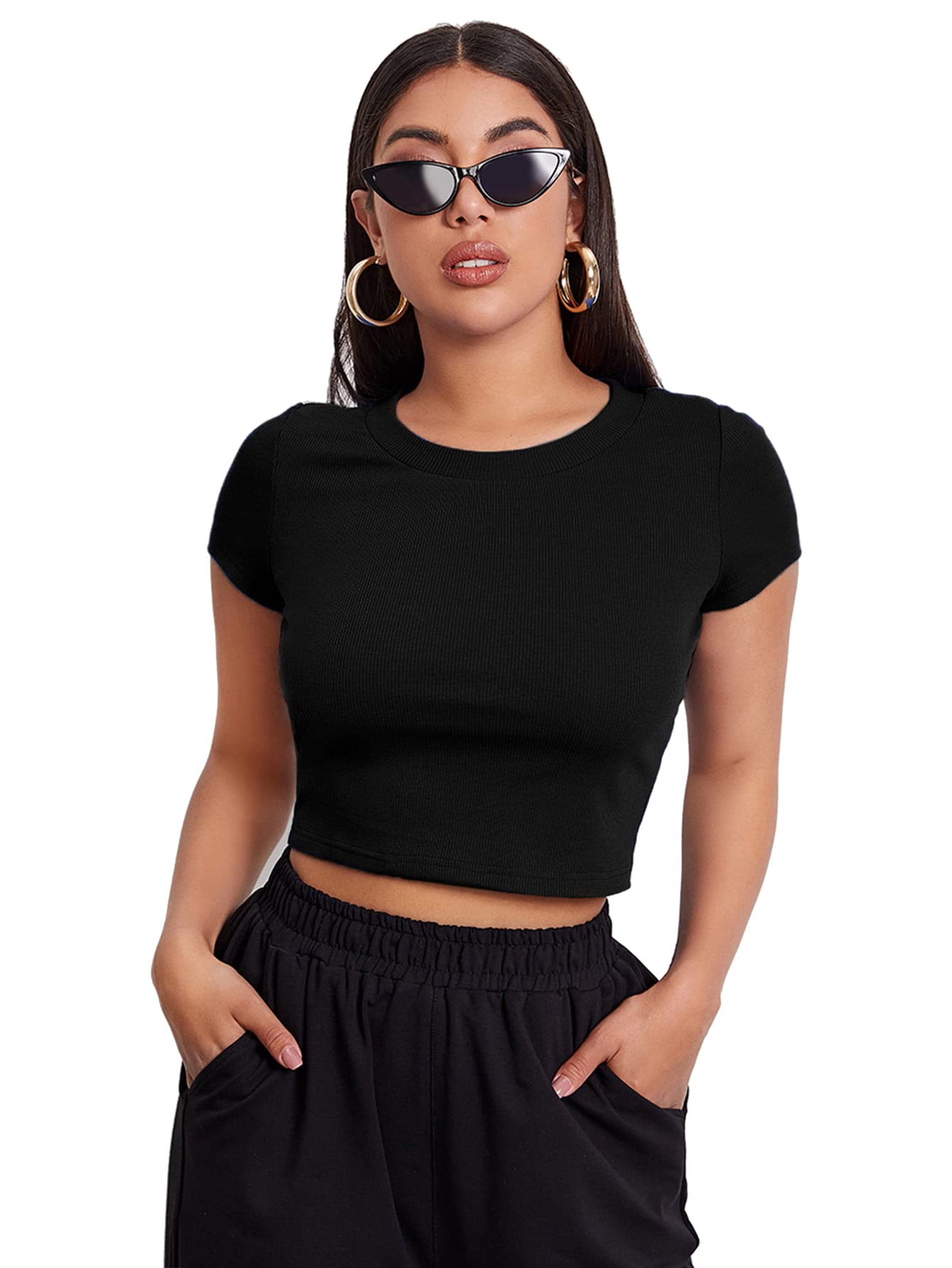 AahwanBlack Solid Ribbed Slim Fit Baby Tee Crop Top for Women's & Girls' (116_Black-L)