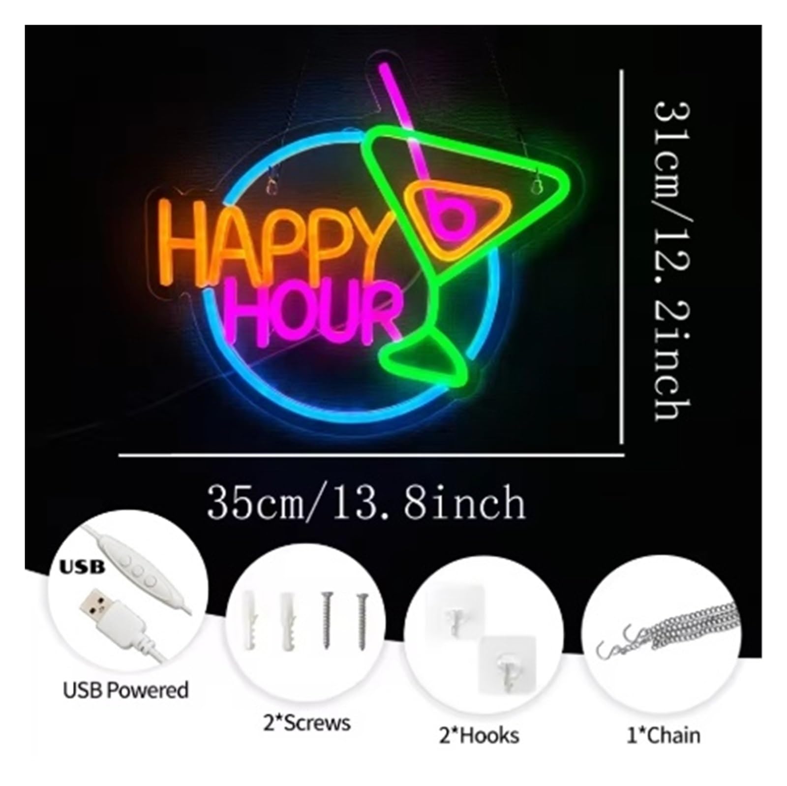 Luces de neón Letrero De Neón Happy Hour Para Bar, Club, Dormitorio, Luces Para Oficina, Hotel, Pub, Cafetería, Boda, Fiesta, Arte Decorativo De Cuevas,35cmх31cm