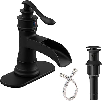 Waterfall Bathroom Faucet Commercial Single Handle Bath Lavatory Sink Vanity Faucets One Hole Basin Tap Matter Black Matching Pop Up Drain with Overflow