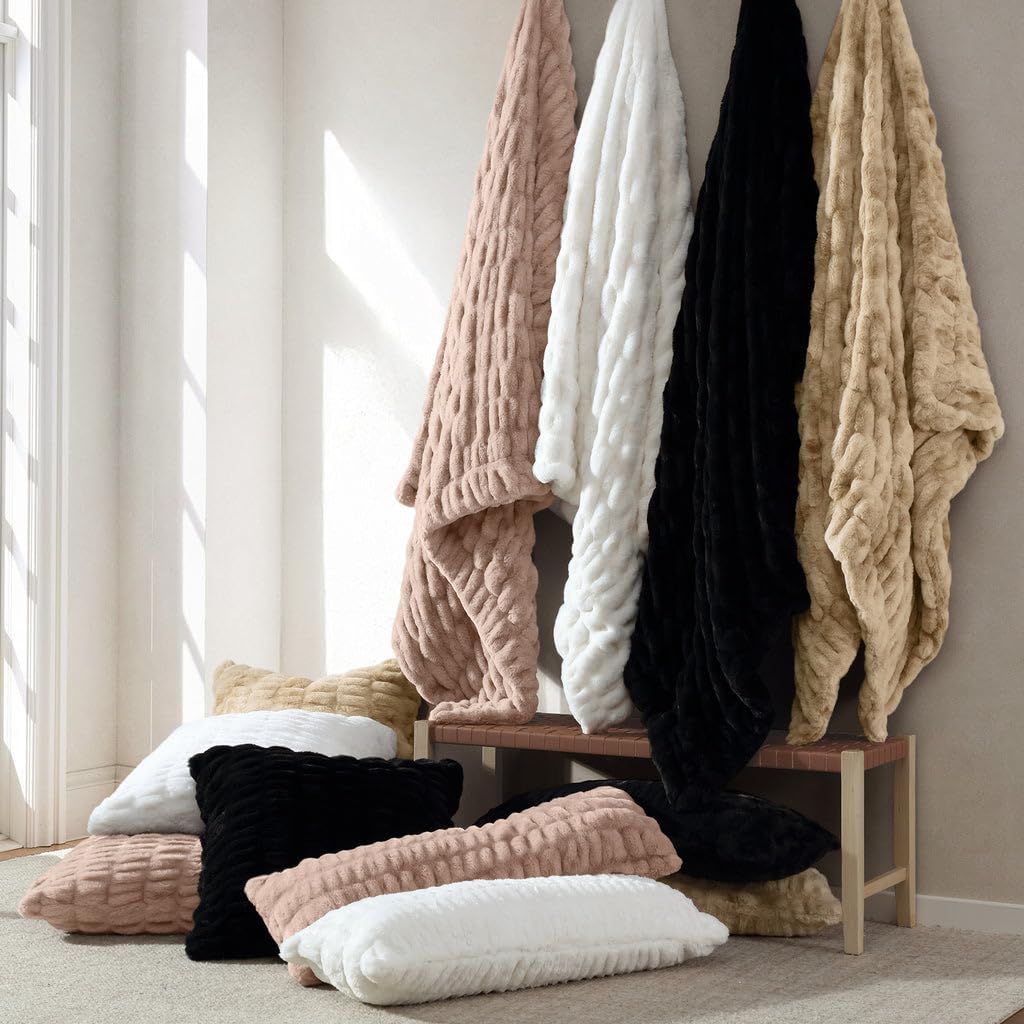 HiEnd Accents Ruched Rabbit Double-Sided White Faux Fur Throw Blanket 50x80 inch, Oversized Soft Cozy Fluffy Classic Chic Casual Reversible Throw, Modern Rustic Plush Fuzzy Warm Blanket for Bed, Sofa