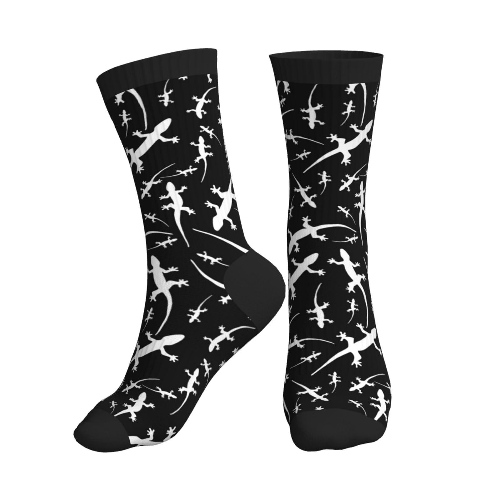 Disnimoo Unisex 3 Black Cute Gecko Lizard White Black Crew Socks For Women Men Athletic - Comfort Soft Mid Calf Sole Running Socks