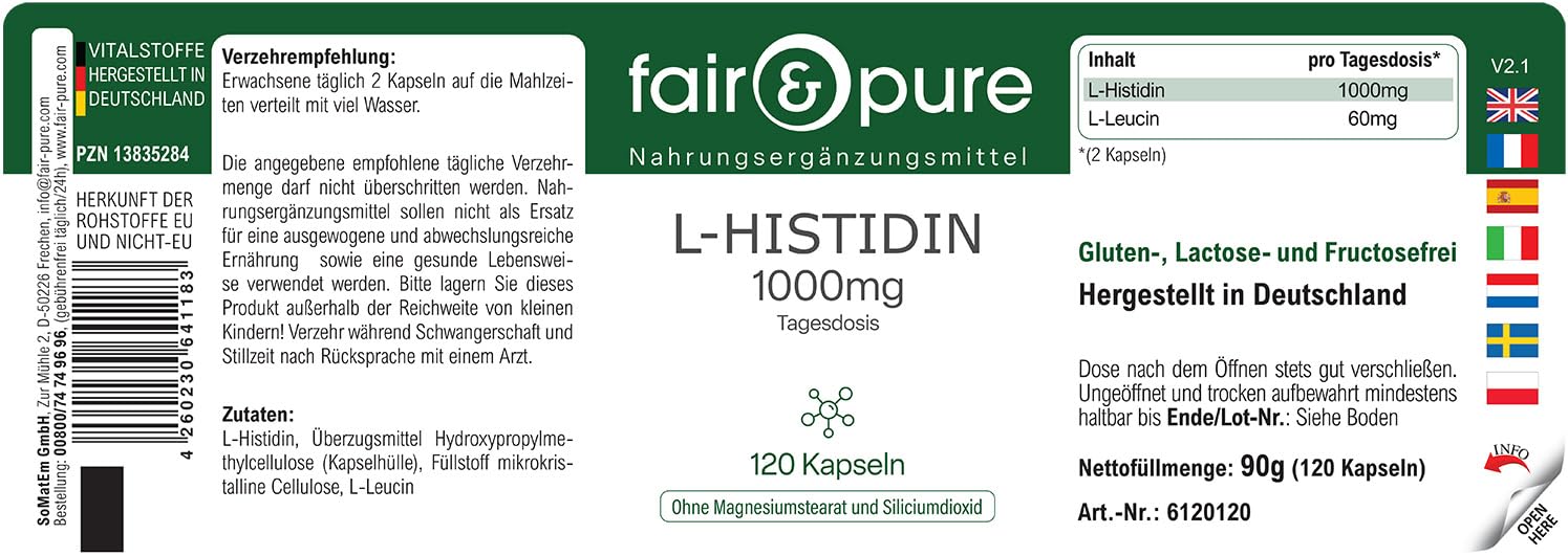 Fair & Pure L-Histidin 1000mg, 120 Kapseln, Aminosäure, veganes Nahrungsergänzungsmittel ohne Zusätze, in Deutschland hergestellt (Packung mit 2)