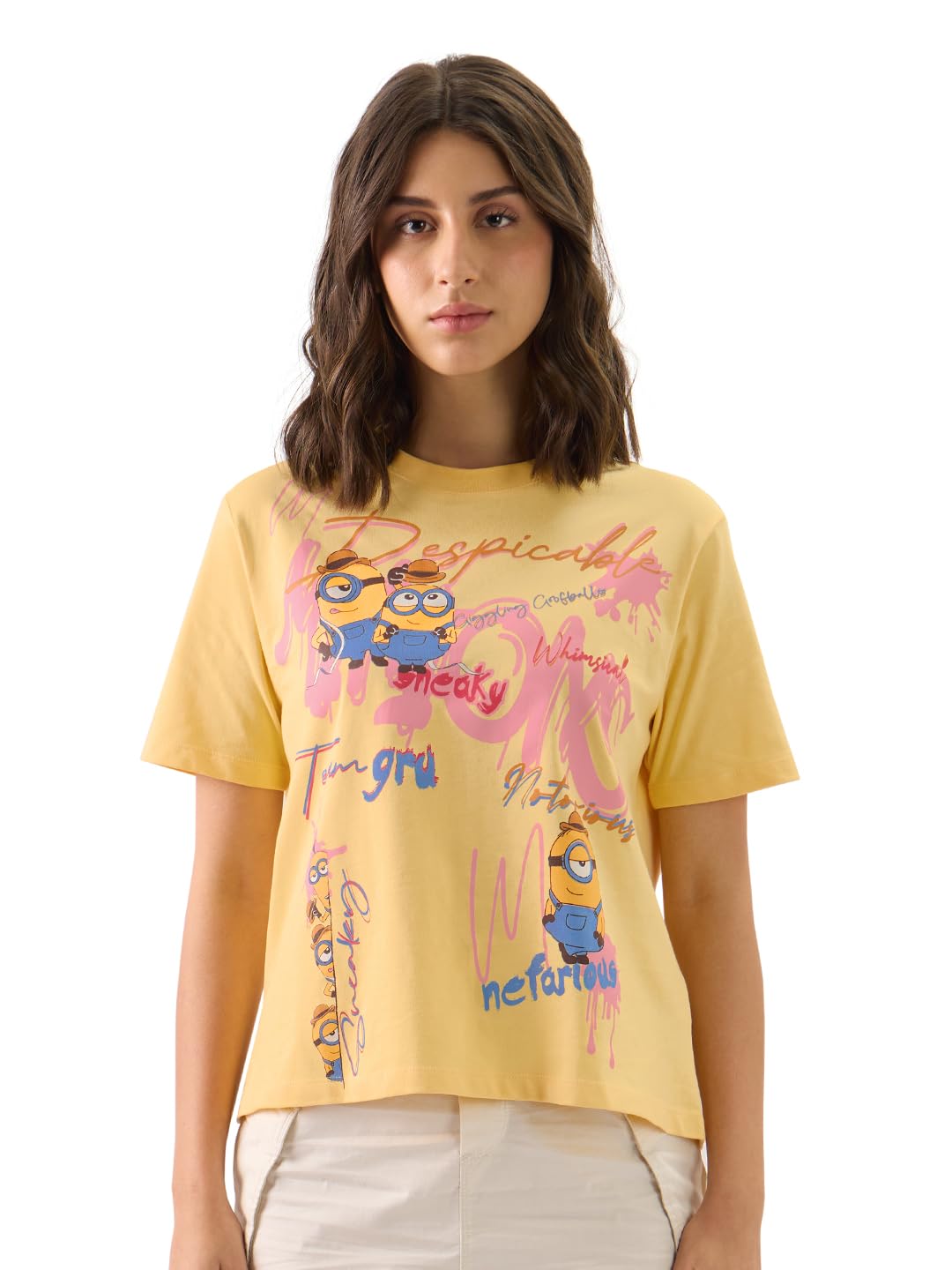 the souled store Official Minions: Notorious Women and Girls Short Sleeve Round Neck Yellow Graphic Printed Cotton Regular Fit T-Shirts Men's T-Shirts Graphic Tees Casual Fashion Regular Fit Sleeves-picture-23