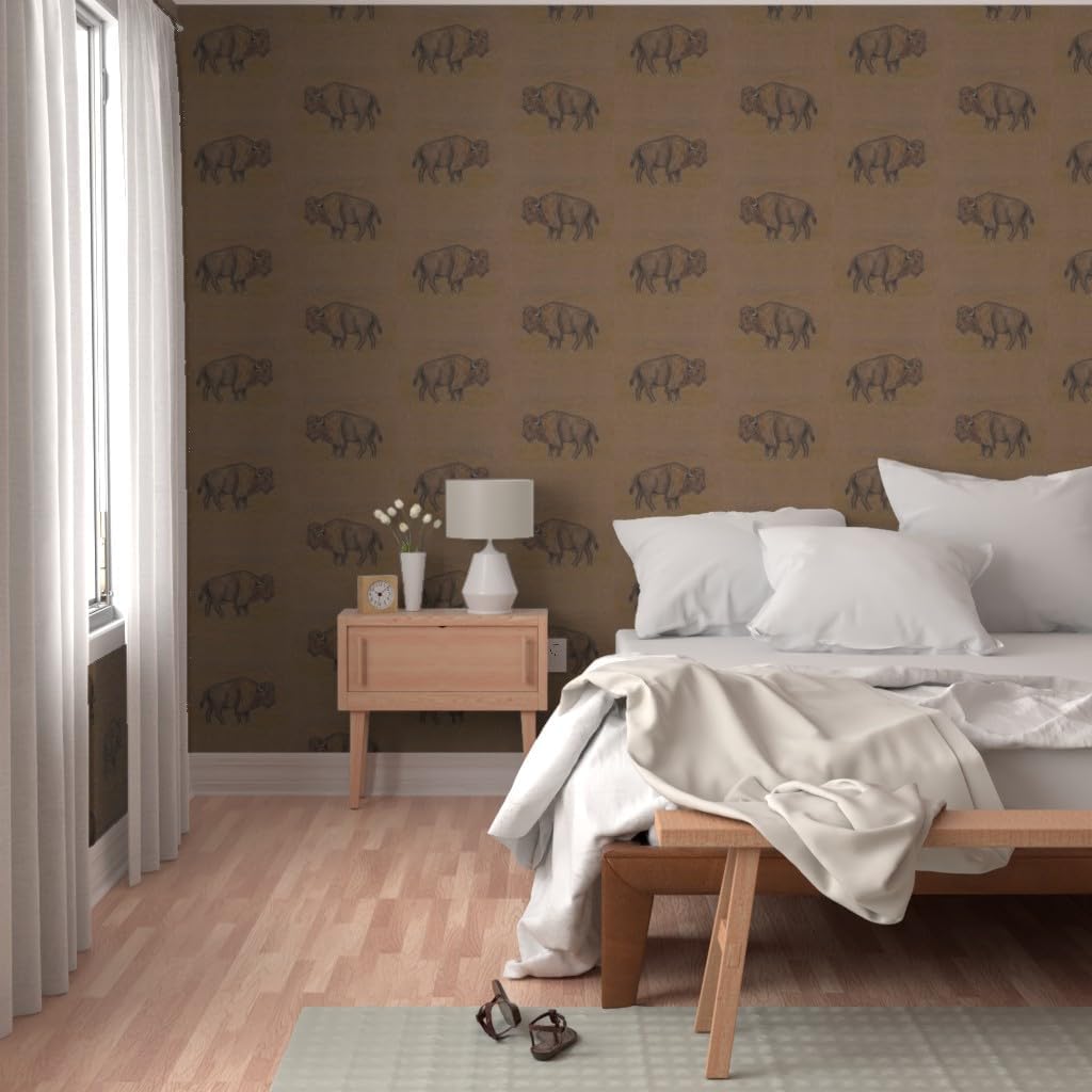 Removable Wallpaper 6ft x 2ft - Bison Buffalo Western Cattle Brown Custom Pre-Pasted Wallpaper by Spoonflower