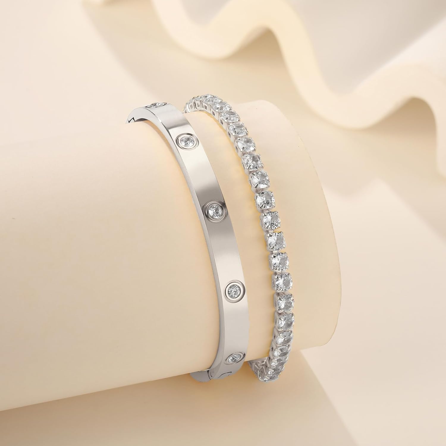 18K Gold Plated Dainty Tennis Bracelets Set 4mm/6mm Love Bangle Bracelets with 3mm/4mm Cubic Zirconia Classic Tennis Bracelet| Gold Bracelets for Women | Size 6.5/7/7.5 Inch - Image 5