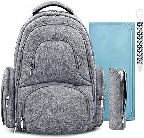 Diaper Bag Backpack w/Insulated Pockets and Stroller Strap - Large Waterproof Multi-Function Travel Organizer - Changing Pad, Bottle Holder and Pacifier Clip Included (Grey Marl)
