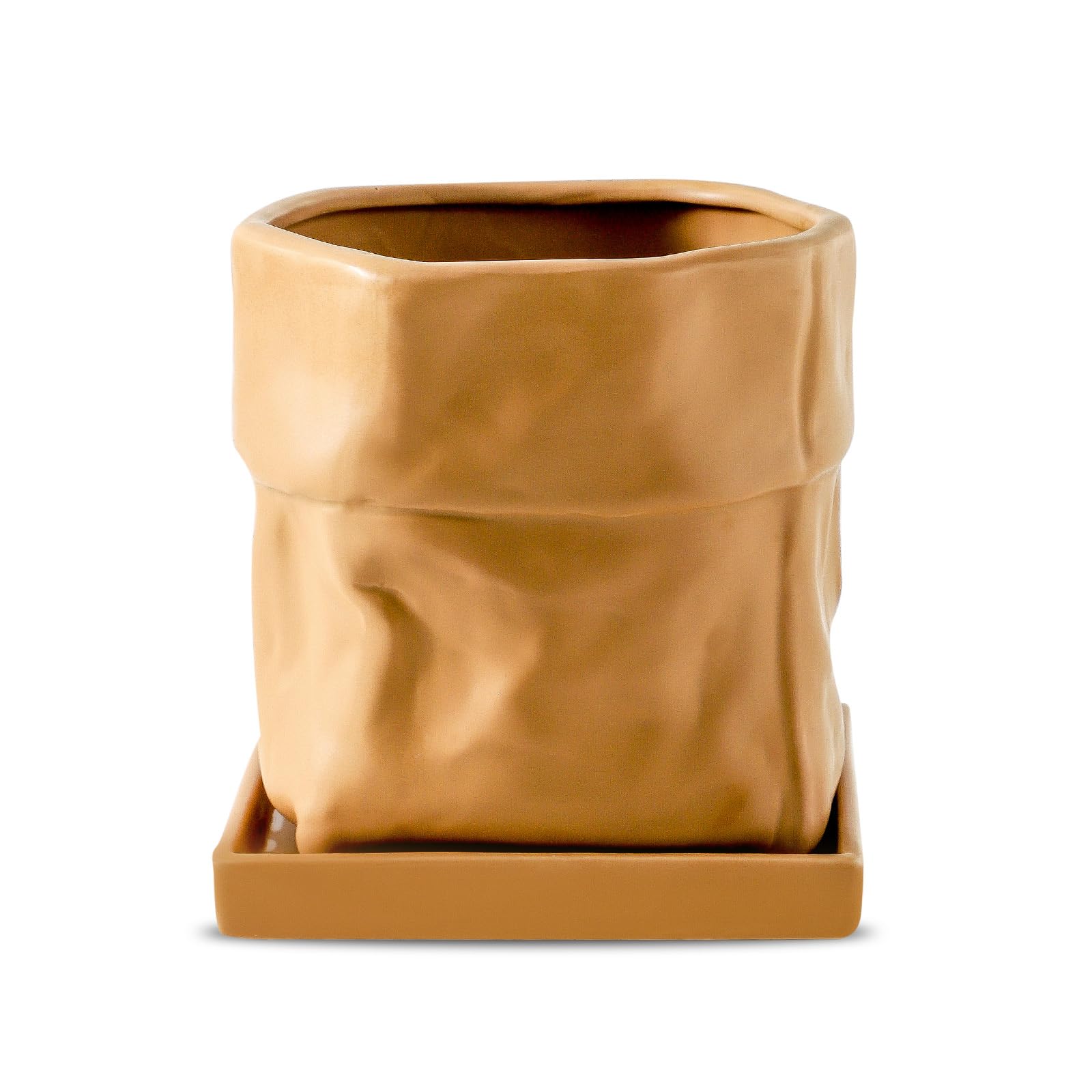 Nihow 6 Inch Ceramic Plant Pot with Drainage & Square Saucer, Terracotta