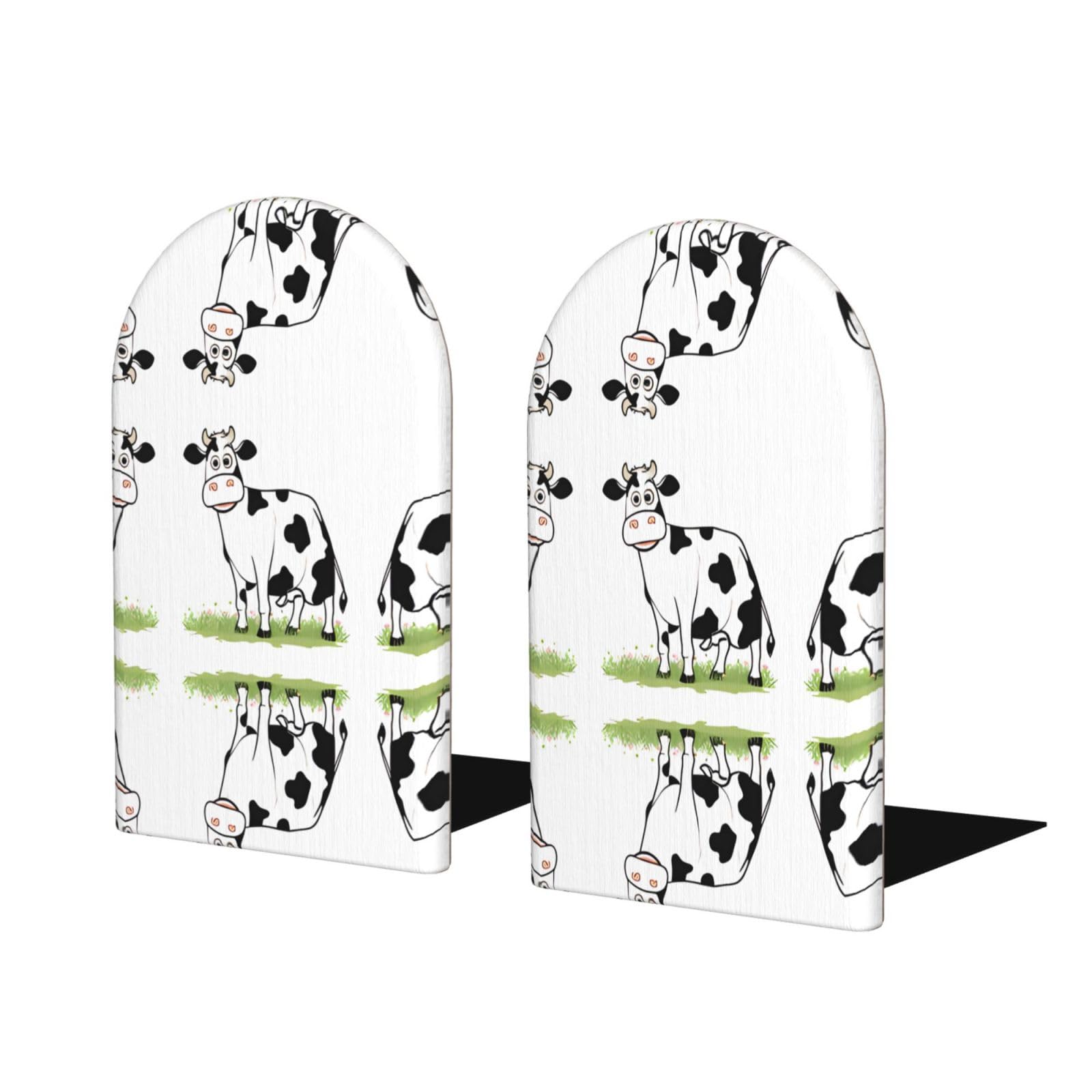 Cute Cow Polka Dot Stylish Bookends with Full-Print Design Durable Wooden and Metal Bookend Set for Home, Office