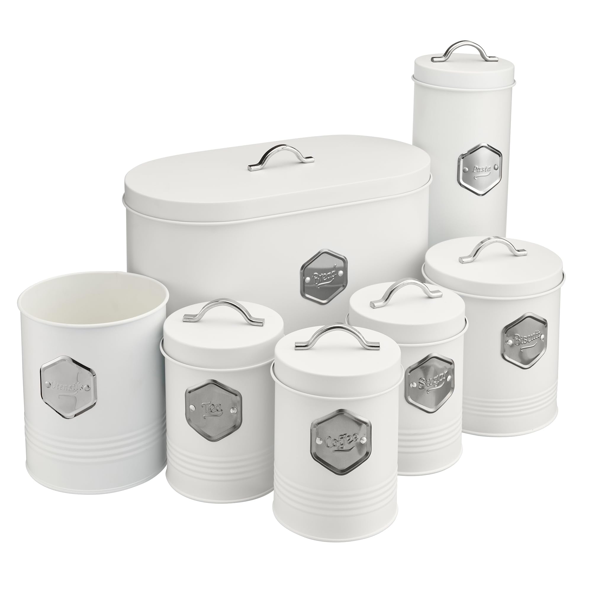 Cooks Professional 7-Piece Kitchen Storage Set - White/Silver - Stainless Steel - Bread Bin, Tea, Coffee, Sugar, Biscuits, Pasta, Utensils
