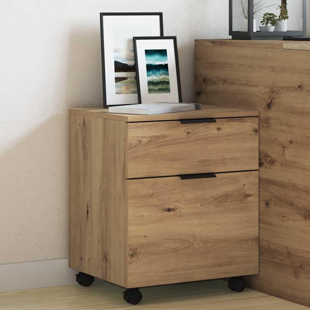 Mobiler Aktenschrank auf Rollen Artisan Eichen-Optik, Kompakter Rollcontainer für das Home Office, Kleiner Büroschrank mit 4 Rollen für Unterlagen und Dokumente, 45x38x54 cm
