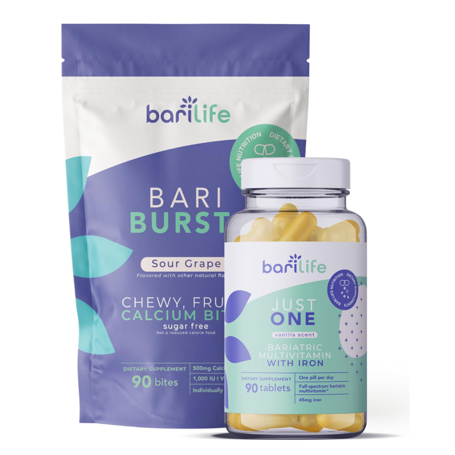 Bari Life Just One, Once Daily Bariatric Multivitamin with Iron (90 Tablets) and BariBurst Calcium Citrate Soft Chews for Gastric Bypass, Gastric Sleeve and Duodenal Switch (Sour Grape)