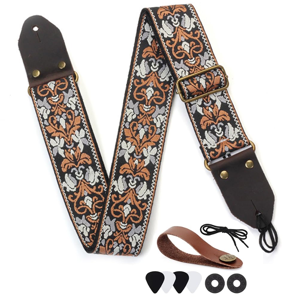 Guitar Strap, Guitar Straps Adjustable Genuine Leather Ends Jacquard Weave Bass Strap for Acoustic/Electric/Guitars,(Multicolor stripes) (Retro Brown Flower)