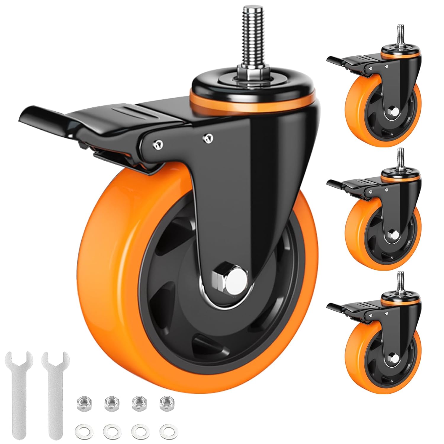 Stem Caster Wheels 4 Inch Heavy Duty Threaded Stem Casters UNC 3/8"-16 x 1 Swivel Casters Set of 4 with Safety Dual Locking Wheel for Furniture and Cart 4 Inch 3/8"-16x1"