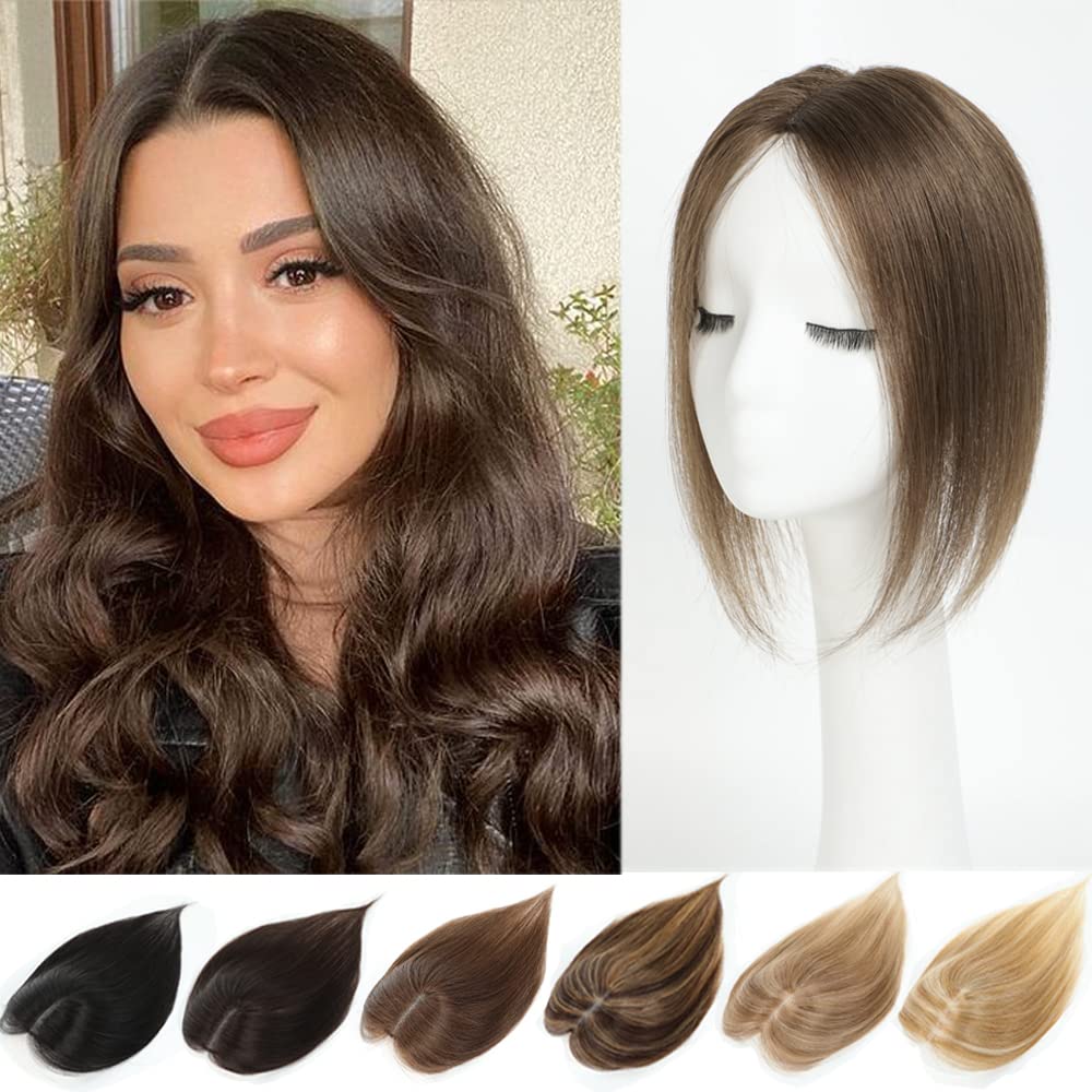 YAMI Hair Toppers for Women Real Human Hair Toppers 12 Inch Hair Pieces for Women with Thinning Hair Pieces for Women Clip in Hair Extensions 40g (Dark Ash Brown)
