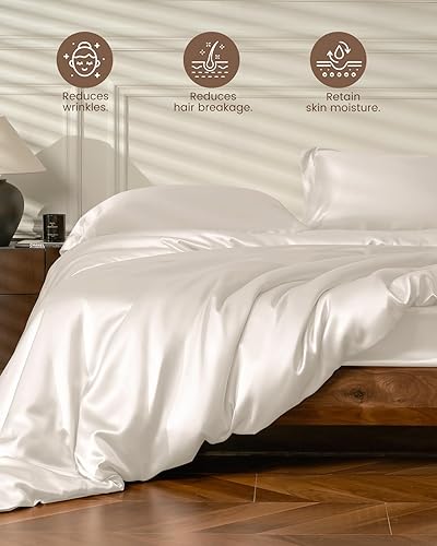 Miniatura 4 de THXSILK Juego de funda de edredón de seda de 25 momme, 4 piezas (1 funda de edredón + 1 sábana bajera + 2 fundas de almohada), juego de ropa de cama